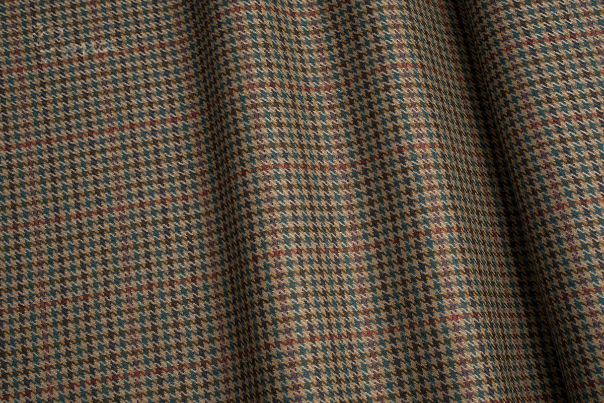 ALL WOOLEN FABRIC- PRINCE OF WALES MOTIF- BROWN, GRAY, BLACK, RED COLOR