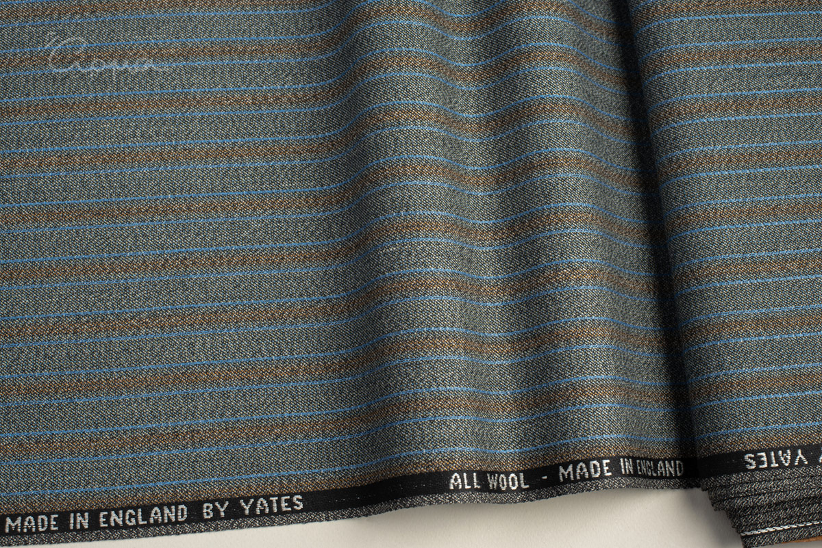 ALL WOOL FABRIC-STRIPPED- GRAY BLUE, LIGHT BLUE, BROWN COLOR - ENGLAND