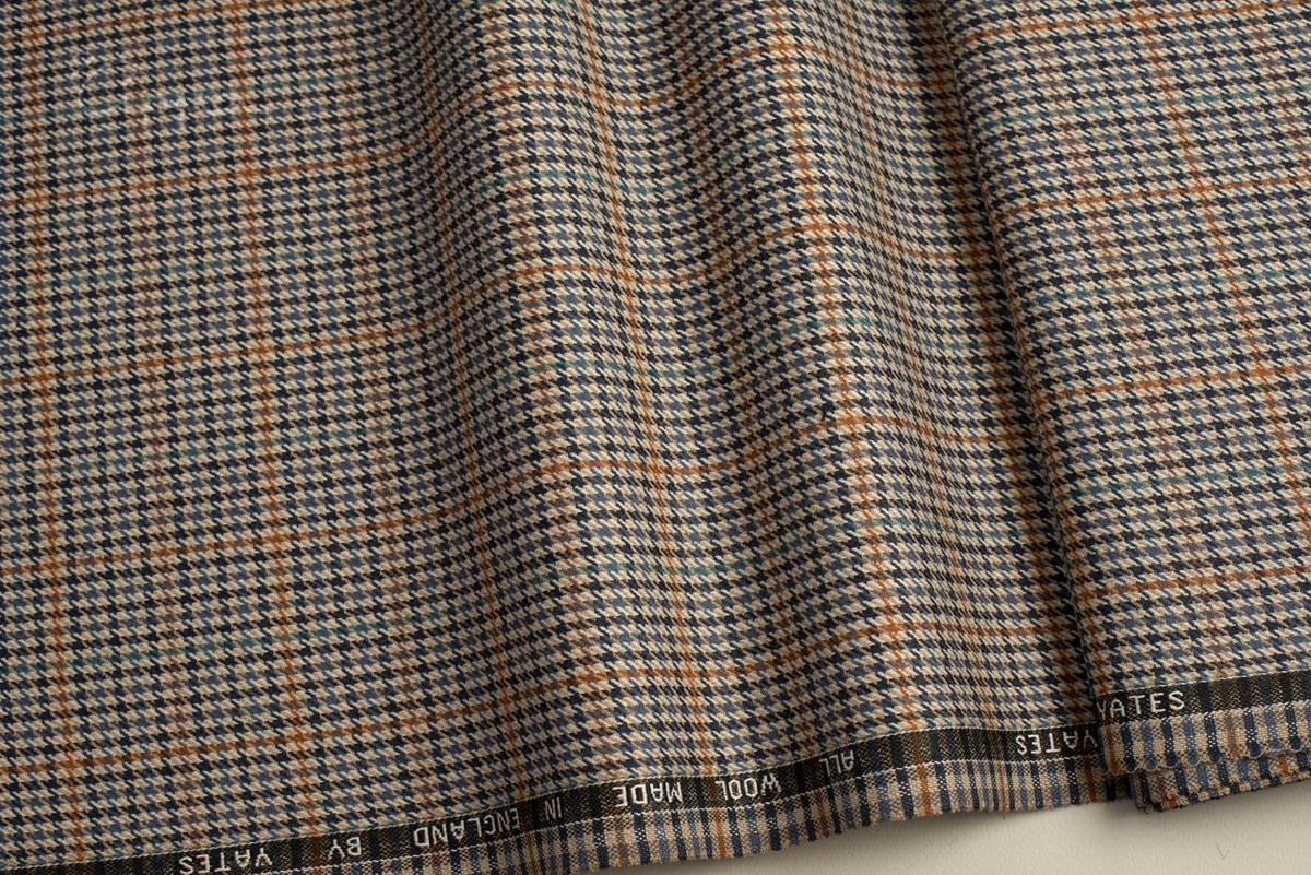 ALL WOOLEN FABRIC- OVERCHECK MOTIF- BEIGE, DARK BLUE, BLUE RAF, CINNAMON COLOR - ENGLAND