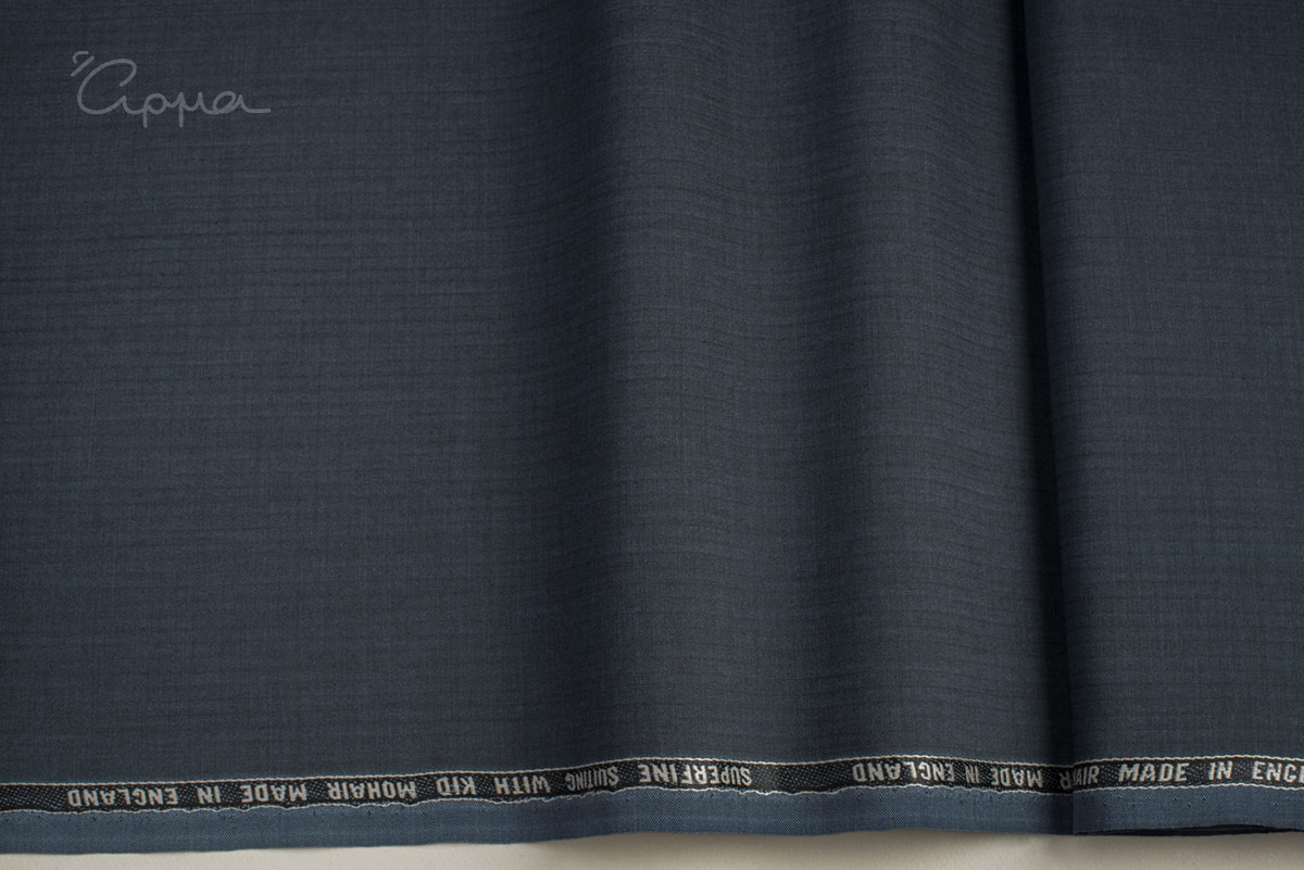 TERYLENE, WOOL, MOHAIR FABRIC- STRIPED WEAVE - BLUE RAF, BLACK COLOR - ENGLAND