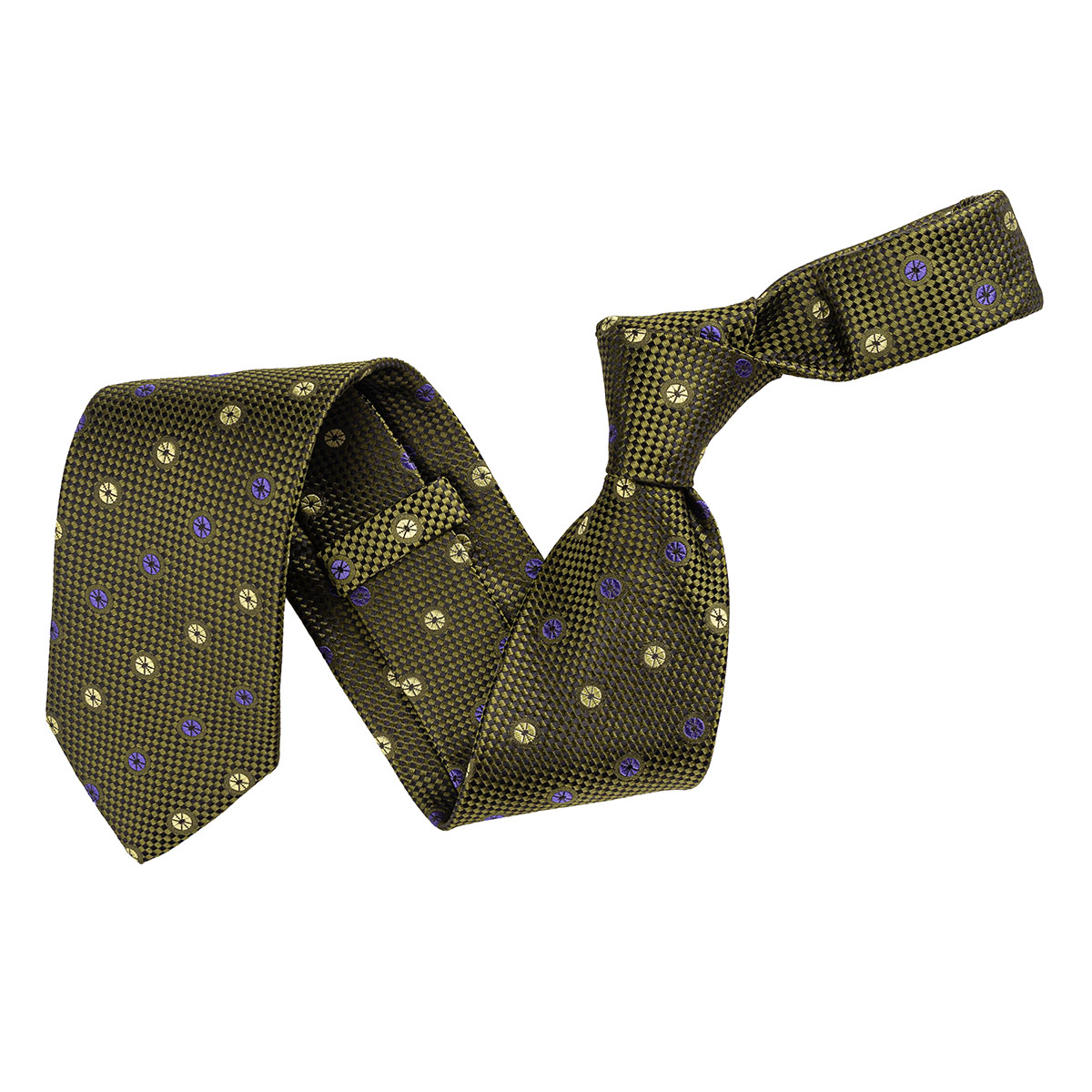 SILK TIE- 8 CM WIDTH- GEOMETRIC MOTIFS- KHAKI, BLACK, PURPLE COLOR