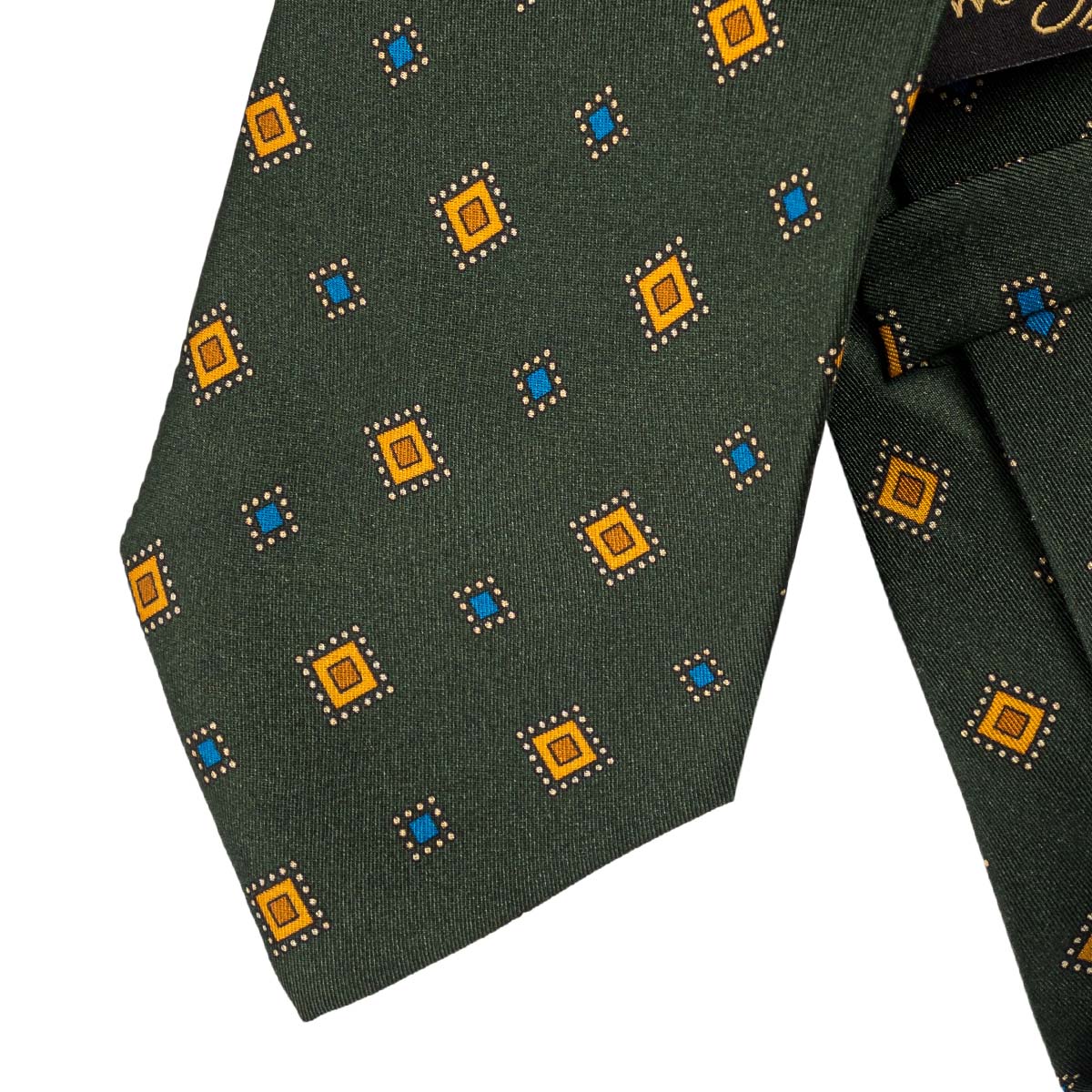 SILK TIE-8 CM.-GEOMETRIC MOTIFS-GREEN, YELLOW, ORANGE, BLUE, WHITE COLOR