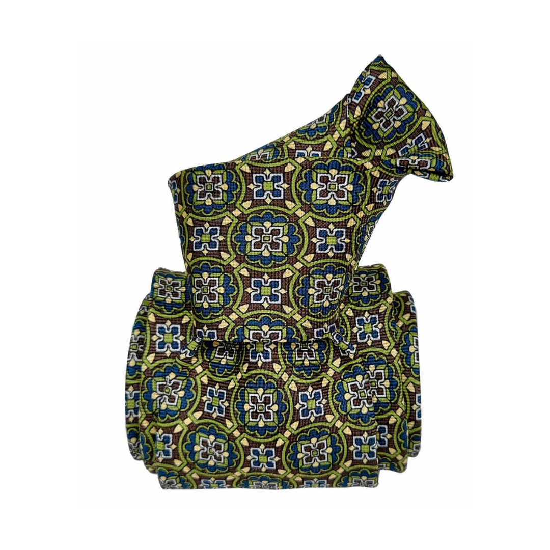 THREE FOLDS CLASSIC TIE- ALL SILK- 8CM WIDTH- GEOMETRICAL MOTIFS- BROWN, GREEN, BLUE, WHITE COLOR