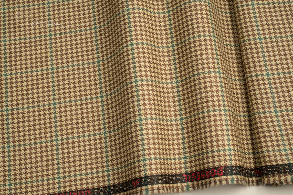 ALL WOOL FABRIC - HOUNDSTOOTH, OVERCHECK MOTIF- BEIGE, BROWN, GREEN COLOR - DORMEUIL