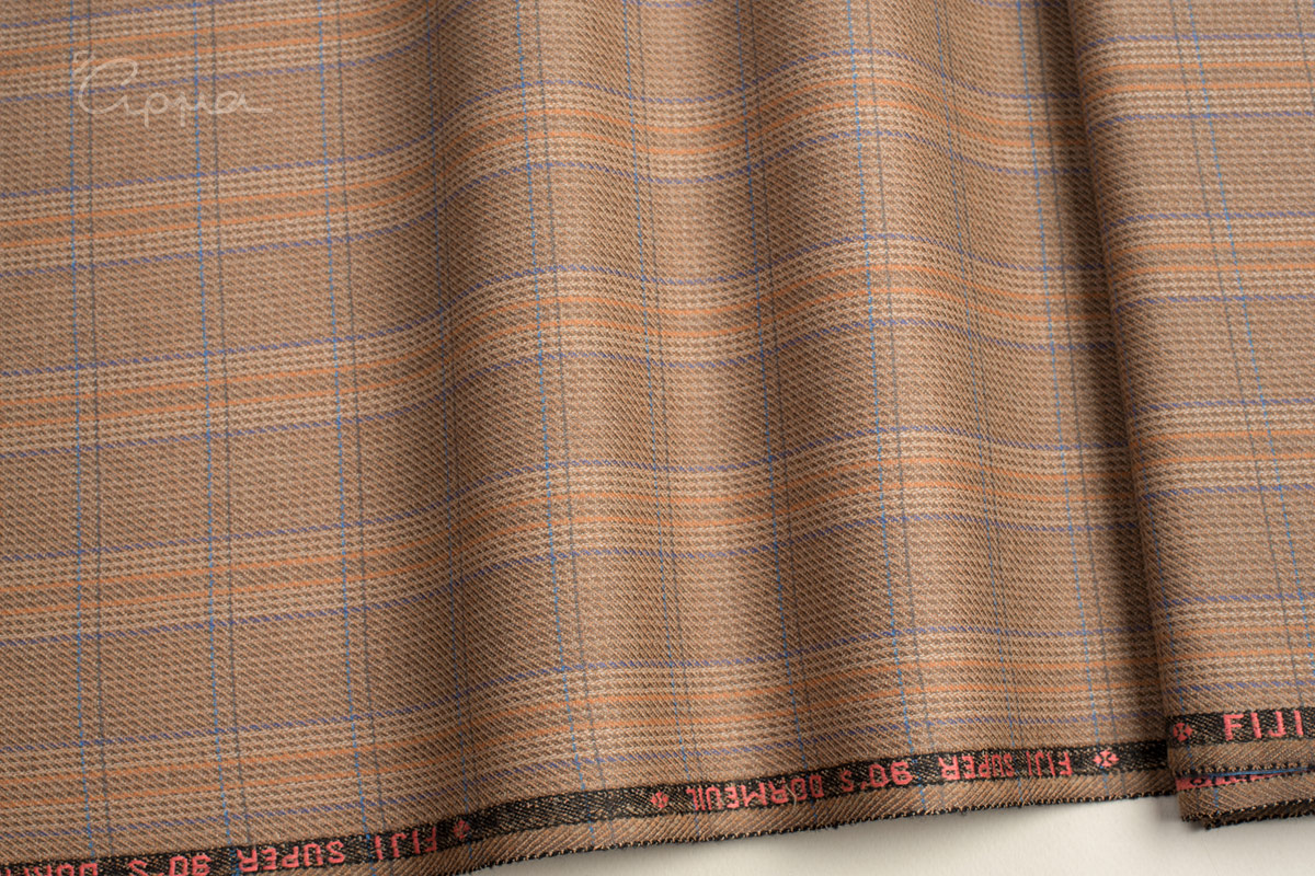 ALL WOOL FABRIC - OVERCHECK MOTIF - BROWN, NAVY, PURPLE, ORANGE - DORMEUIL