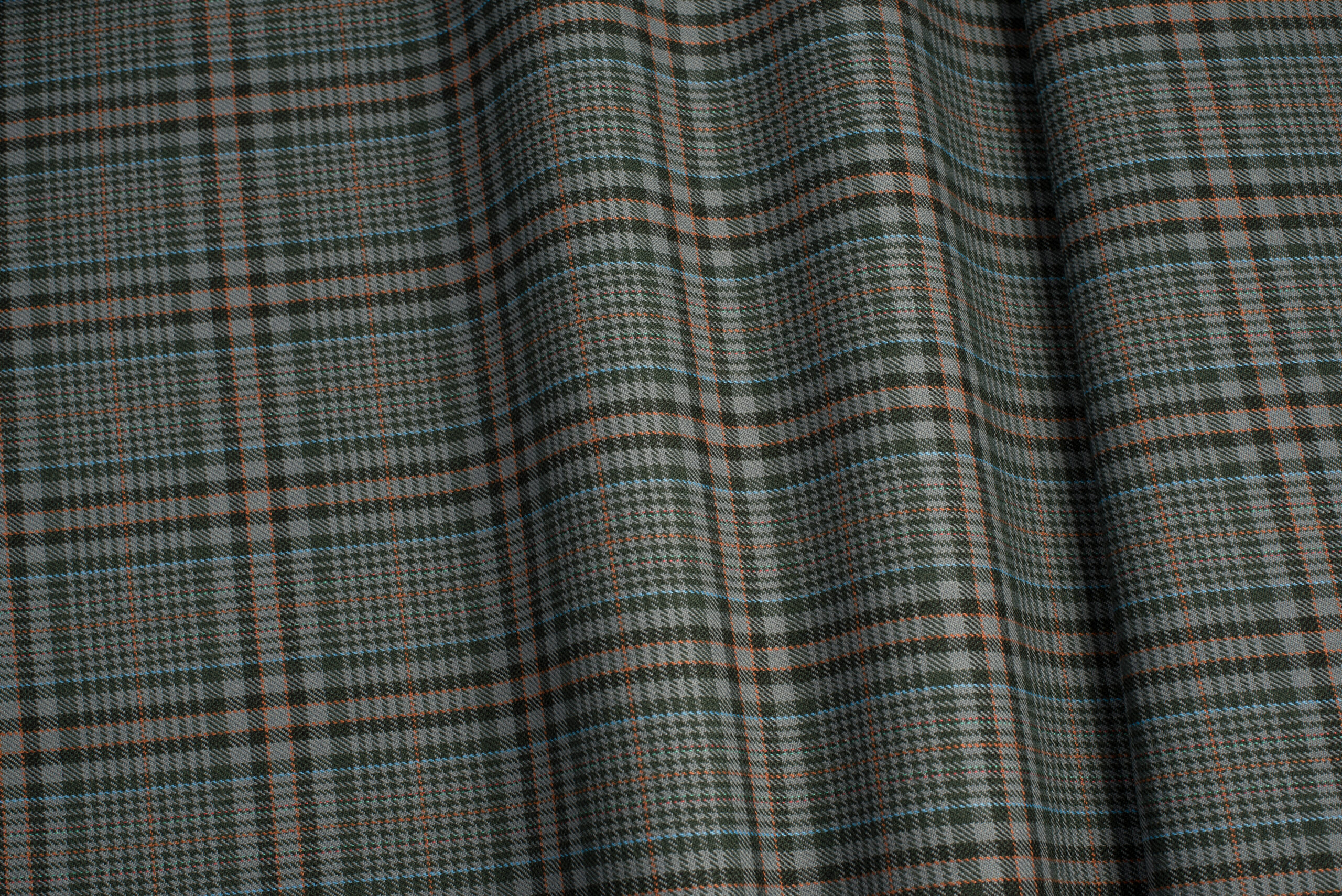 ALL WOOL FABRIC - GLEN CHECK MOTIF - GRAY, BLUE, FORREST GREEN, ORANGE COLOR