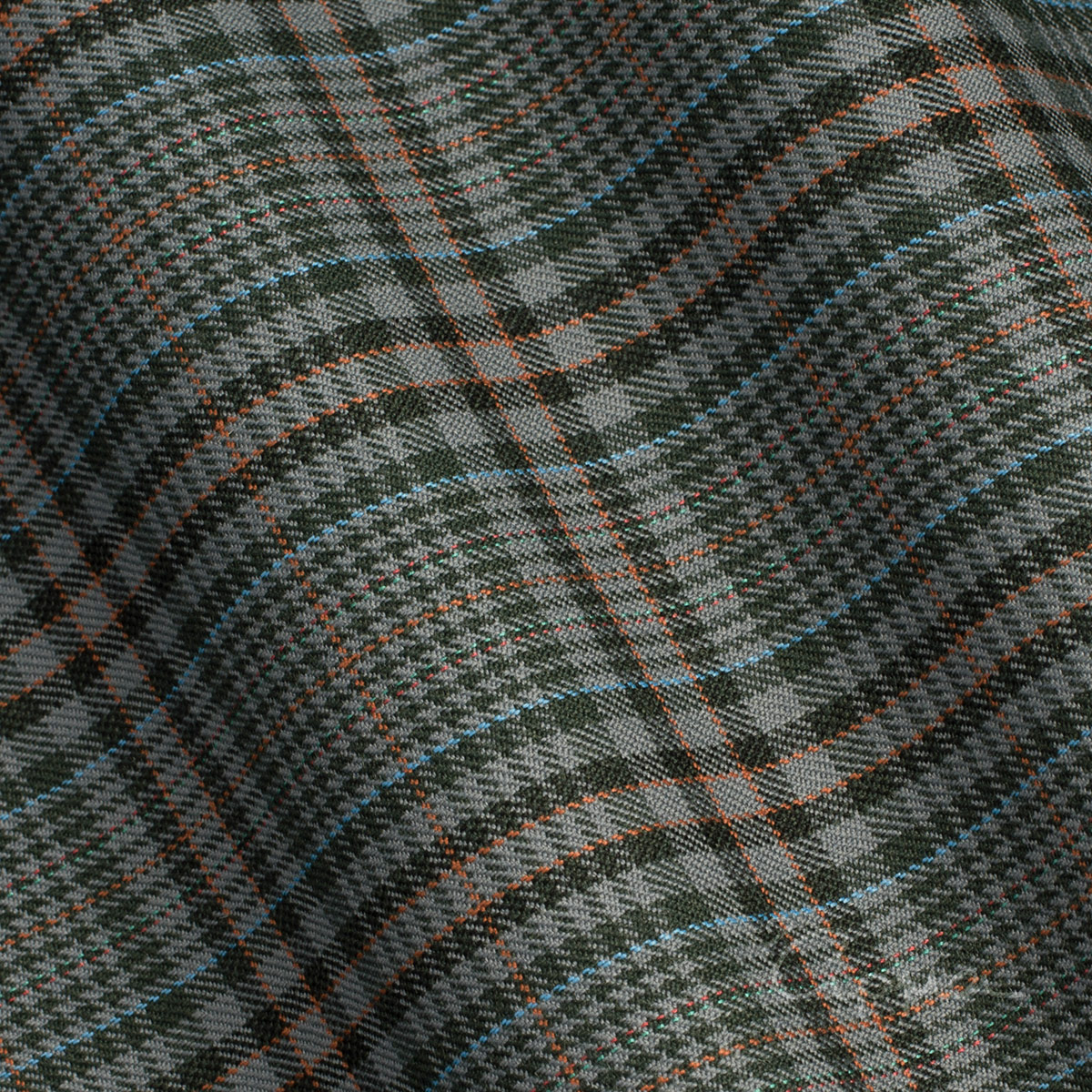 ALL WOOL FABRIC - GLEN CHECK MOTIF - GRAY, BLUE, FORREST GREEN, ORANGE COLOR