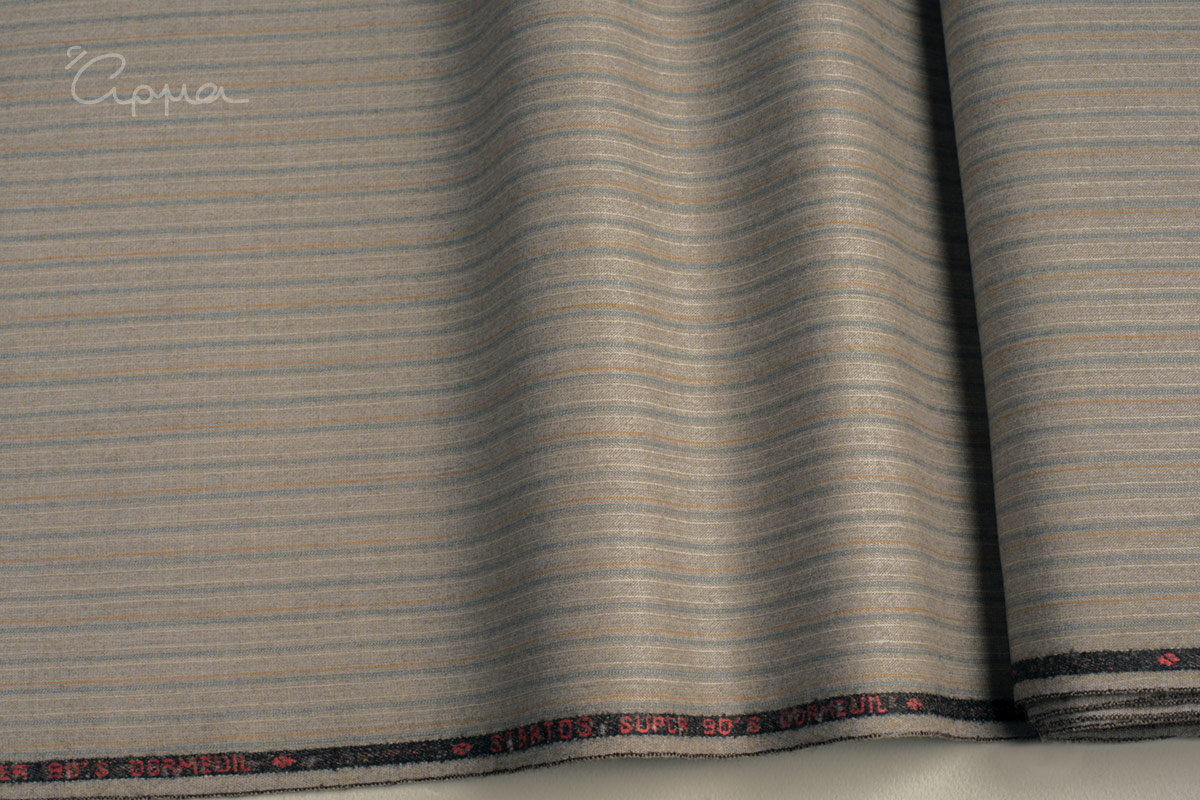 ALL WOOL FABRIC - MULTI STRIPES MOTIF - WORSTED FLANNEL - GRAY, BLUE RAF, ORANGE COLOR - DORMEUIL
