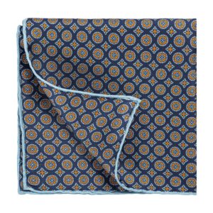 SILK POCHETTE- GEOMETRIC MOTIFS - DARK BLUE, LIGHT BLUE, ORANGE COLOR