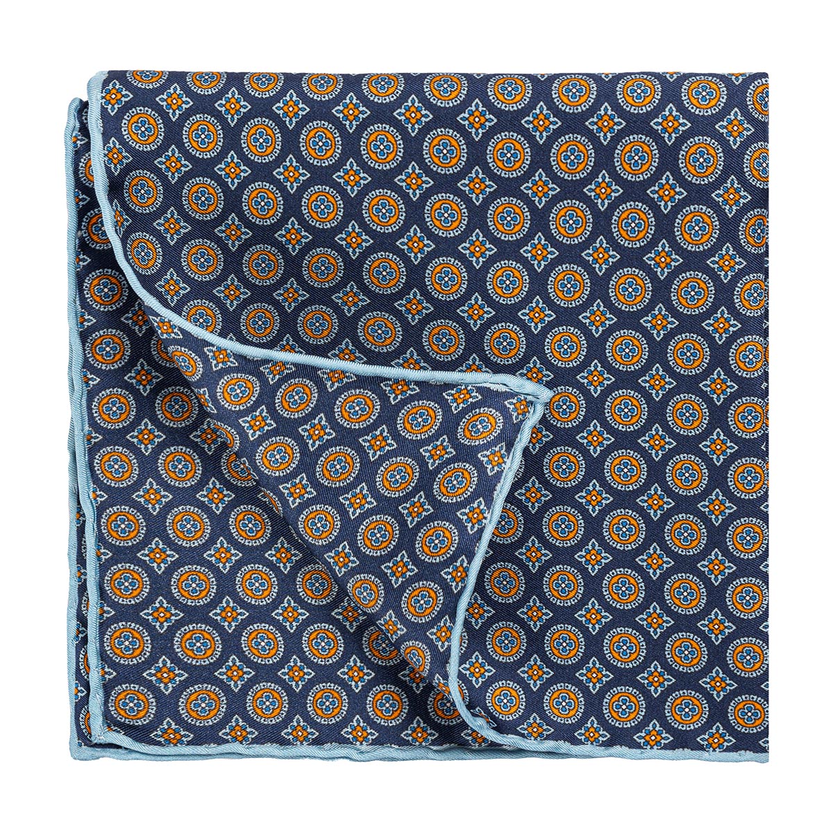 SILK POCHETTE- GEOMETRIC MOTIFS - DARK BLUE, LIGHT BLUE, ORANGE COLOR