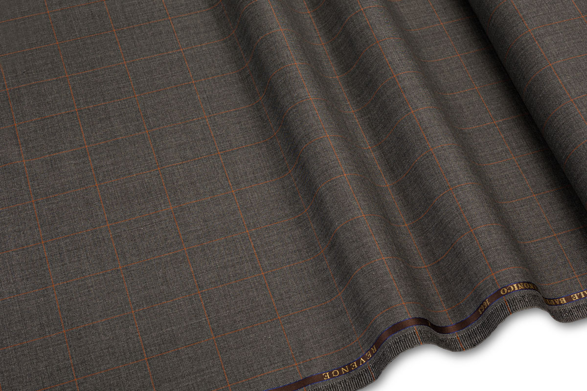 SUPER 150's ΥΦΑΣΜΑ - ΚΑΡΩ ΤΥΠΟΥ WINDOWPANE CHECK - ΓΚΡΙ, ΠΟΡΤΟΚΑΛΙ ΧΡΩΜΑ - VITALE BARBERIS CANONICO